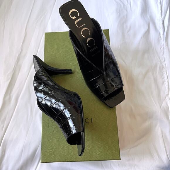 Gucci Black Leather Croc Embossed Mules Sz 39 - Picture 9 of 11